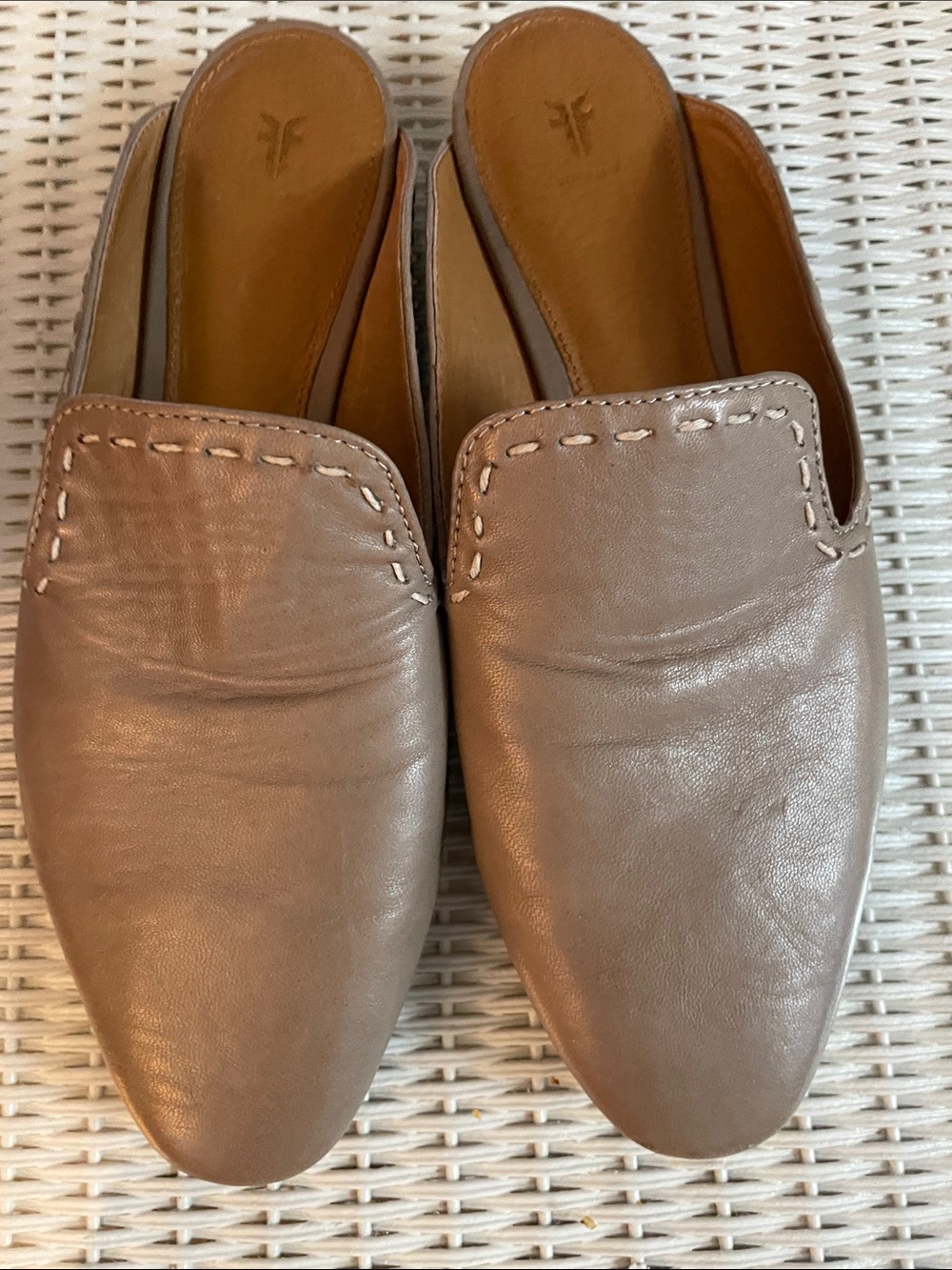 Frye Leather Slide Mules in Taupe Brown